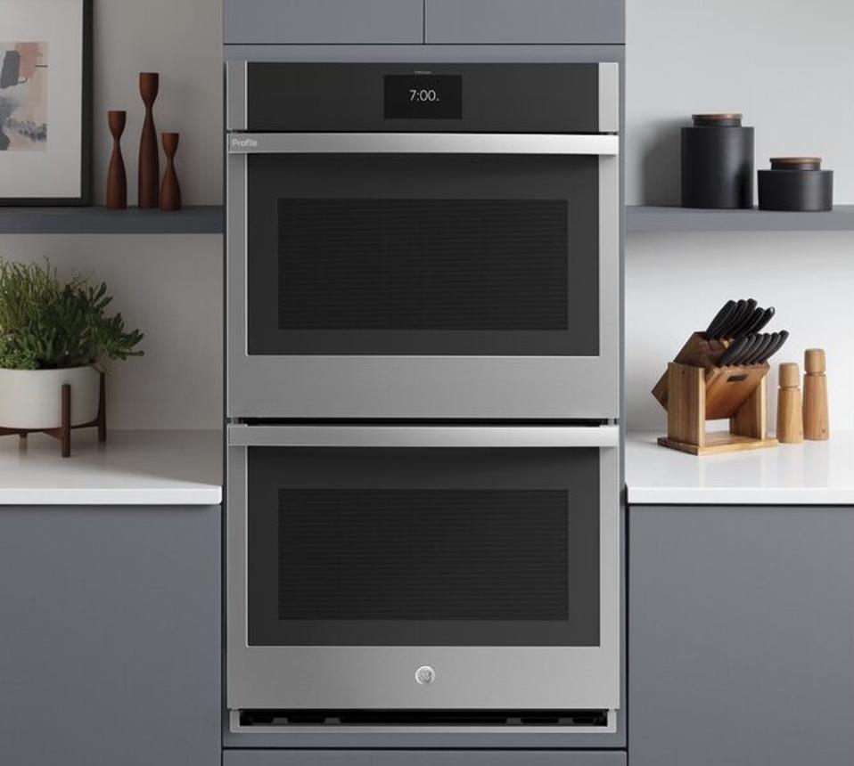 GE Profile Smart Appliances Built-in 27″ Self-Cleaning Convection Electric Double Wall Oven with grey cabinetry