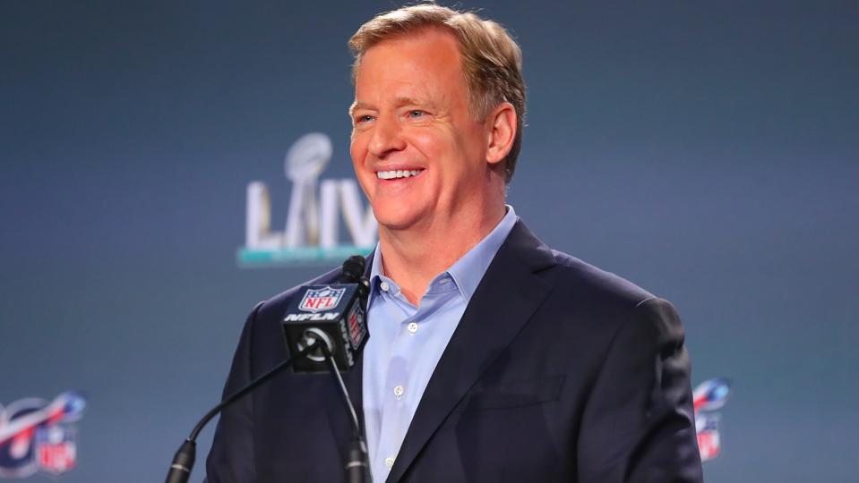 Roger Goodell while attending a Super Bowl LIV press conference.