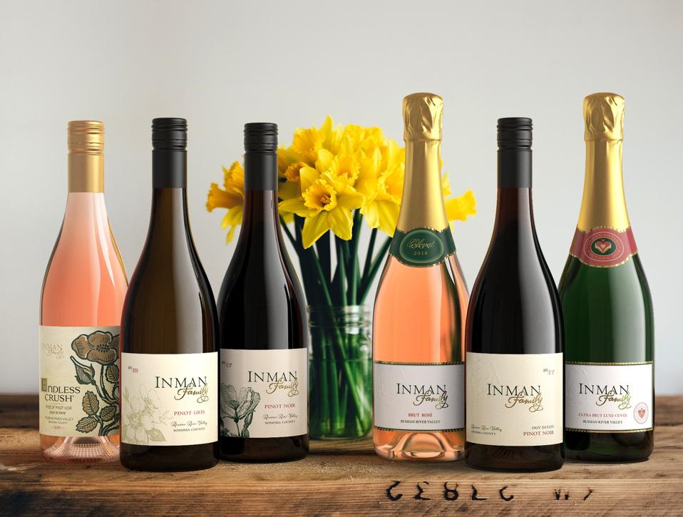 Bottles of Inman Family Wines including Endless Crush Rosé, Pinot Noir, and sparkling.