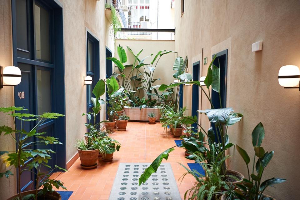 Plants line the hall outside blue doors at the Casa Bonay hotel in Barcelona, Spain