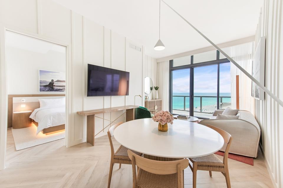 The hotel room of the W South Beach in Florida has a view of the Atlantic Ocean