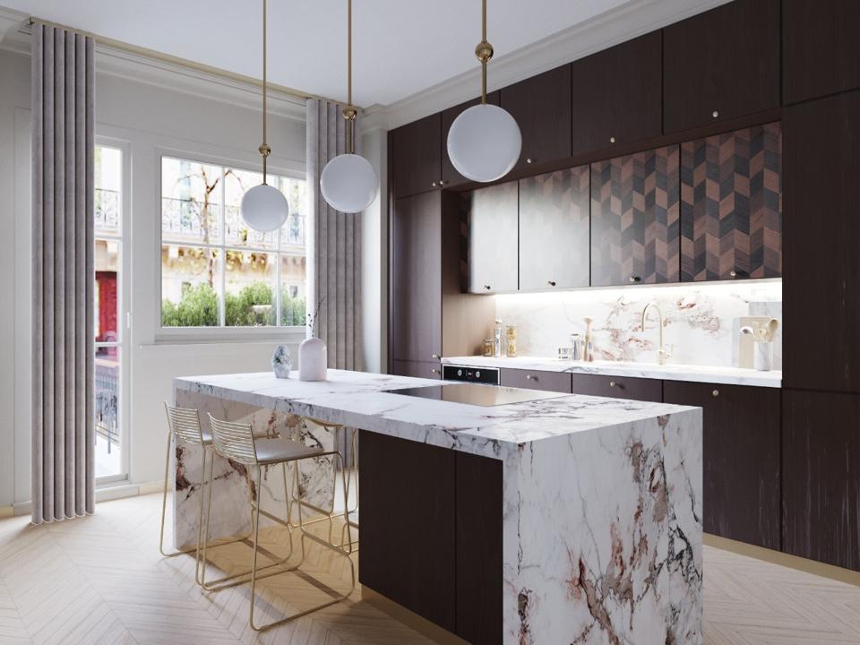 A kitchen with walnut wood and marble