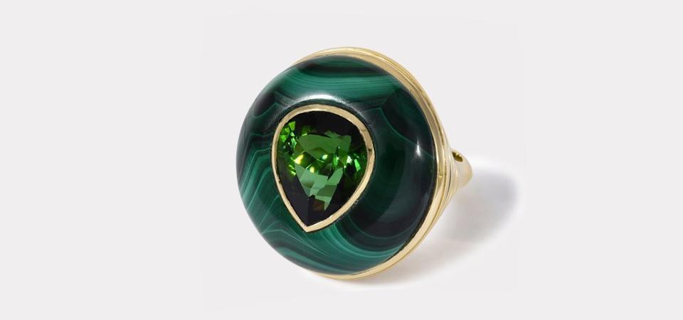 Retrouvai's 18K gold malachite and pear shaped green tourmaline Lollipop ring