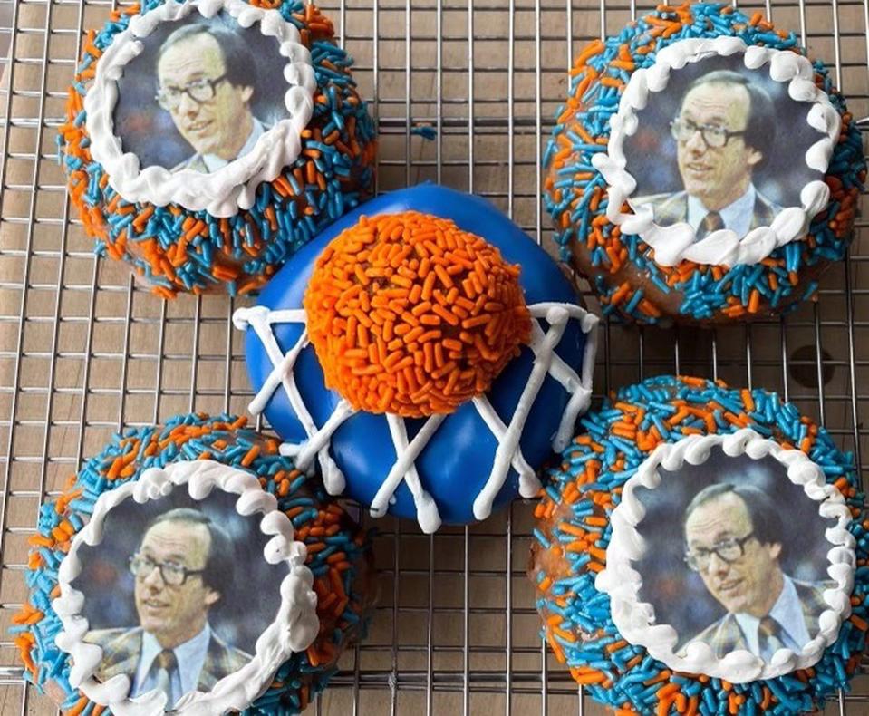 Syracuse basketball coach Jim Boeheim was a late doughnut substitution for his son Buddy.