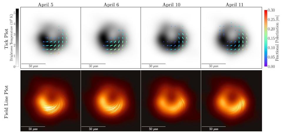 This 8-panel black hole image shows inferred polarization and the reconstructed photons.