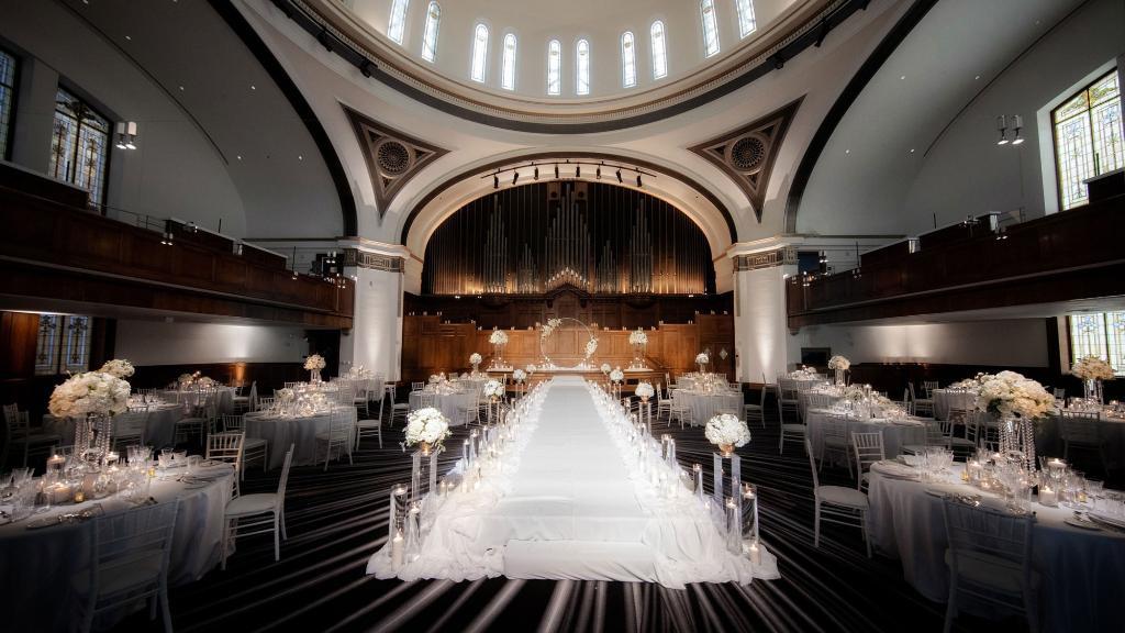 The century-old Sanctuary Grand Ballroom is suited for large-scale events, and these days, suited for wider spaces between tables.