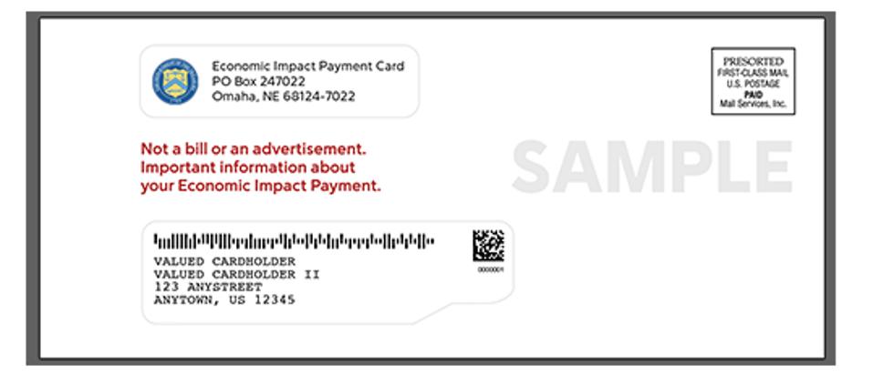 Sample white mailing envelope for Economic Impact Payment Card.