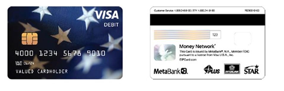 Front and back of Economic Impact Payment Card. Front of card is blue with Visa logo.