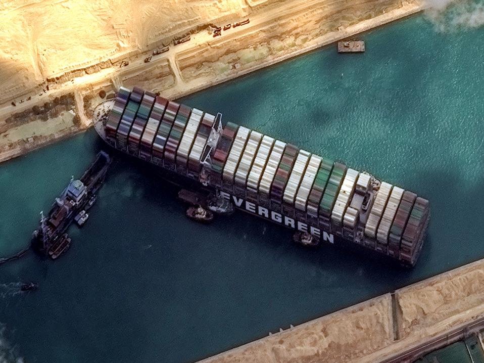 STUCK SHIP EVER GIVEN, SUEZ CANAL -- MARCH 26, 2021: Maxars WorldView-2 collected new high-resolution satellite imagery of the Suez canal and the container ship (EVER GIVEN) that remains stuck in the canal north of the city of Suez, Egypt.