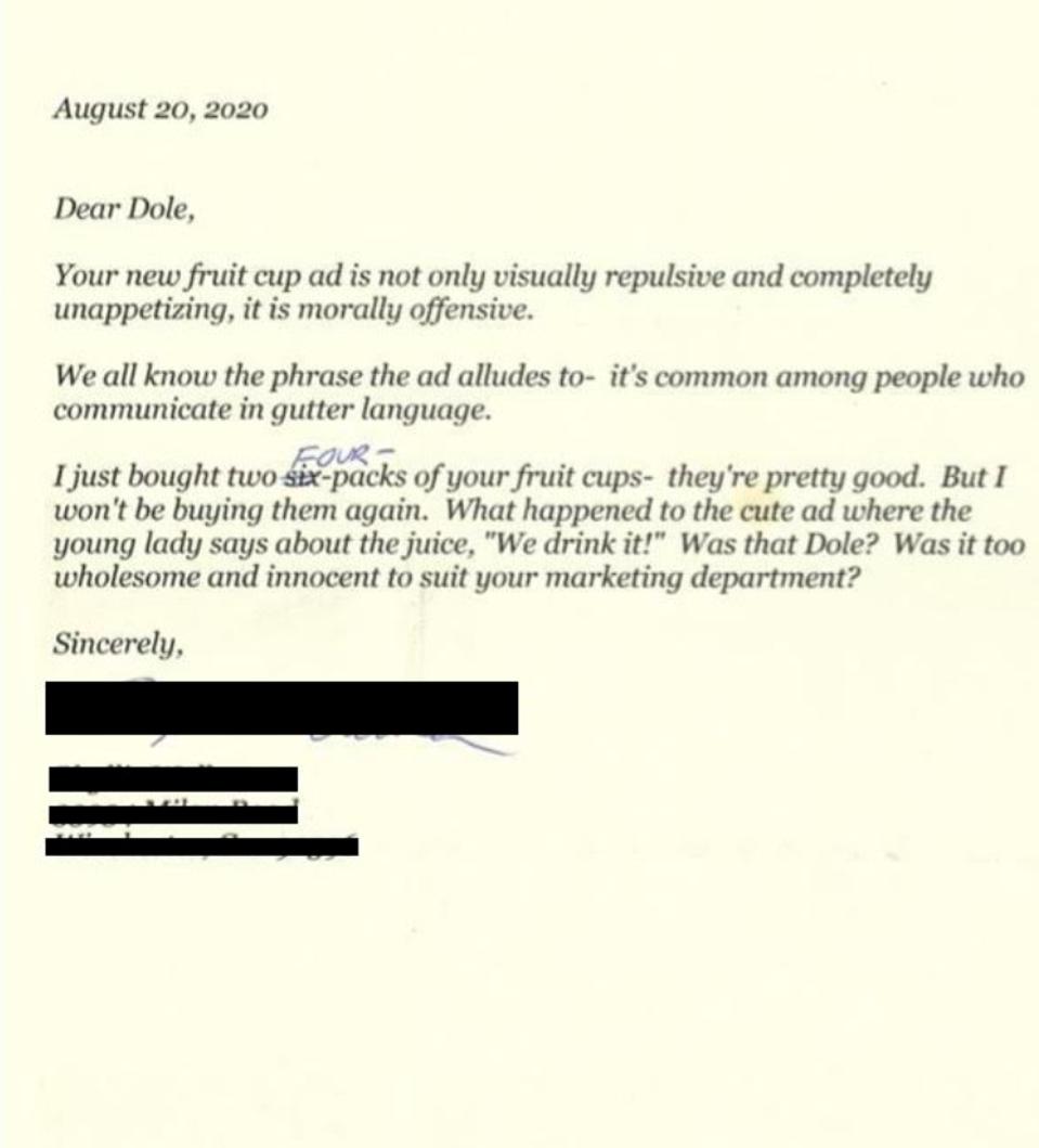 This is a scan of a letter to Dole in August 2020 from a consumer named Phyllis.