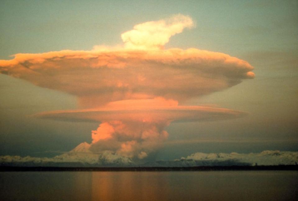 The eruption of Mount Redoubt, Alaska, April 21, 1990. Eruption columns over 10-15 km high break through the tropopause and inject ash and aerosols into the stratosphere.