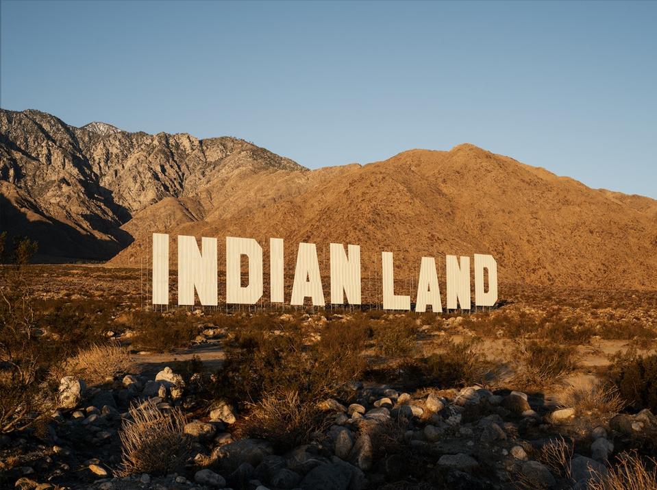 Desert X installation view of Nicholas Galanin, Never Forget.2021. Photography by Lance Gerber. Courtesy the artist and Desert X. LANDBACK GoFundMe.