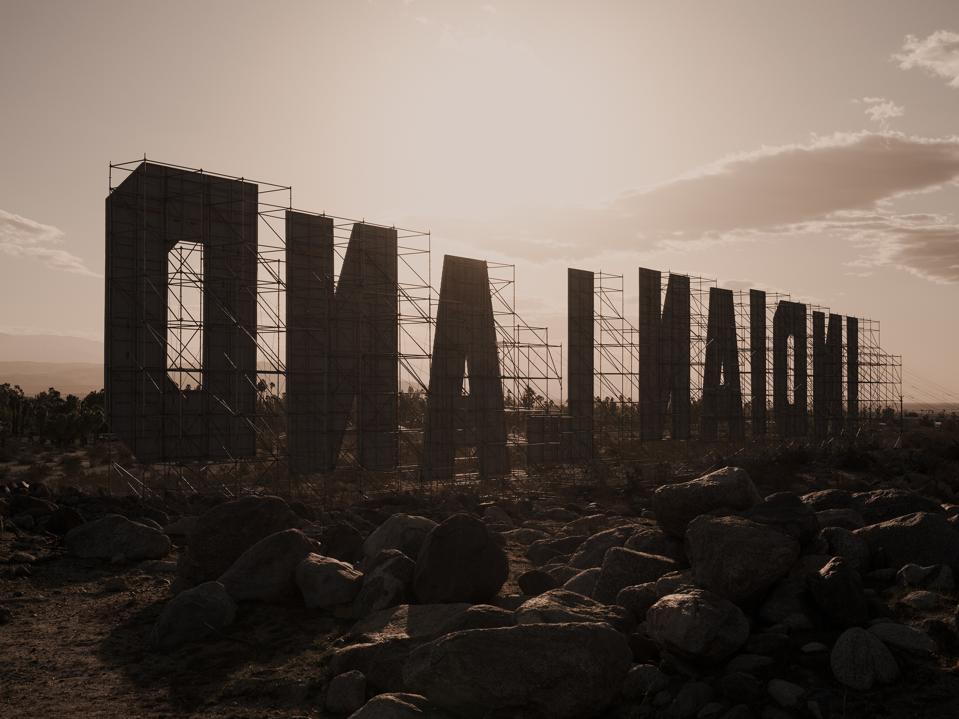 Desert X installation view of Nicholas Galanin, Never Forget.2021. Photography by Lance Gerber. Courtesy the artist and Desert X. LANDBACK GoFundMe.