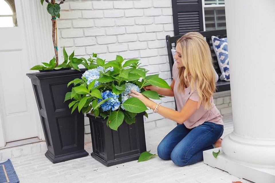 Jenny Reimold mixing faux and real plants on a porch