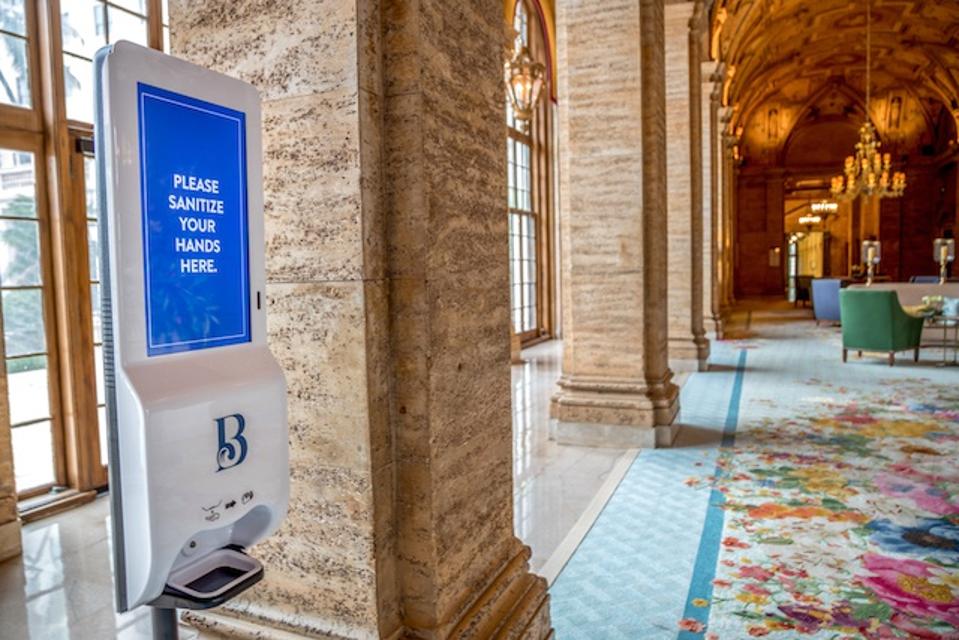 One of the many sanitizing stations installed throughout the property
