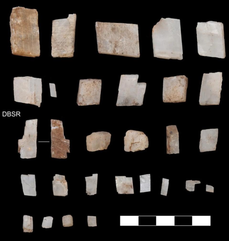 Calcite crystals found at Ga-Mohana, a rock-shelter site in the Kalahari Desert, South Africa, deliberately deposited here by humans 105,000 years ago.