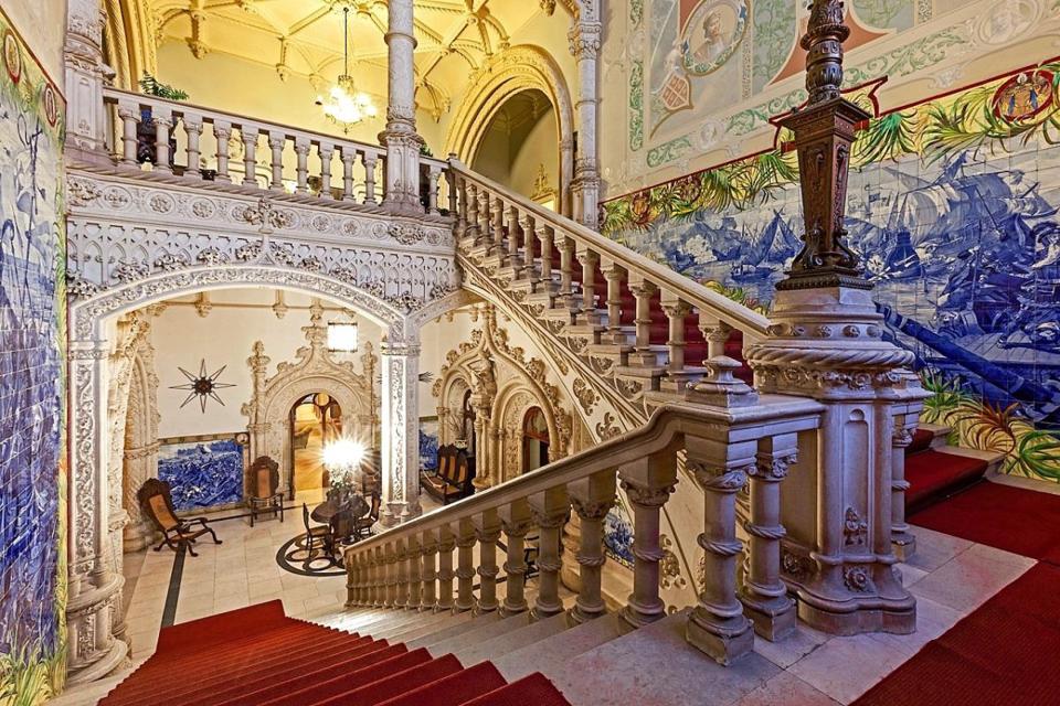 ornate details and staircase inside Brejoeira Palace, just south of Monção, Portugal