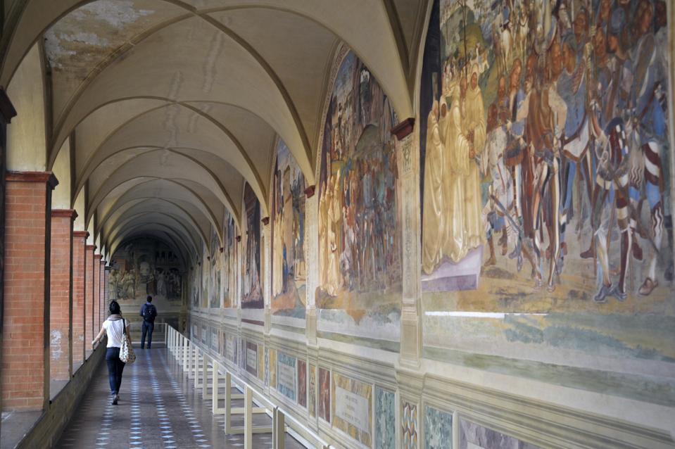 A frescoed cloister in the Monte Oliveto Abbey.