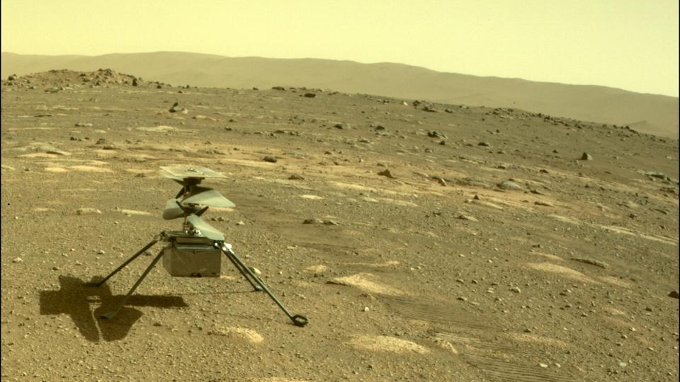 NASA’s Ingenuity helicopter can be seen on Mars as viewed by the Perseverance rover’s rear Hazard Camera on April 4, 2021, the 44th Martian day, or sol of the mission.