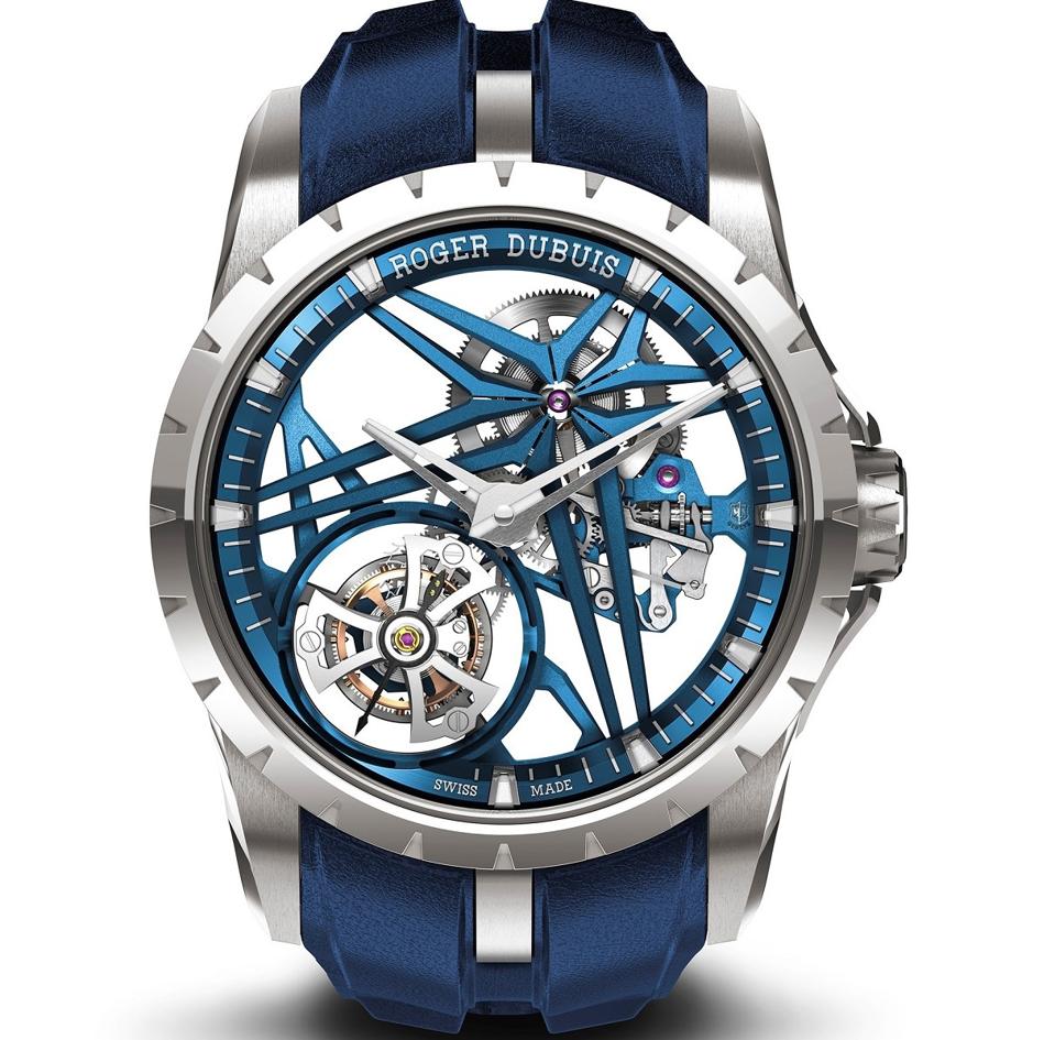 The Excalibur Original Flying Tourbillon in a cobalt case with a blue CVD coated flange