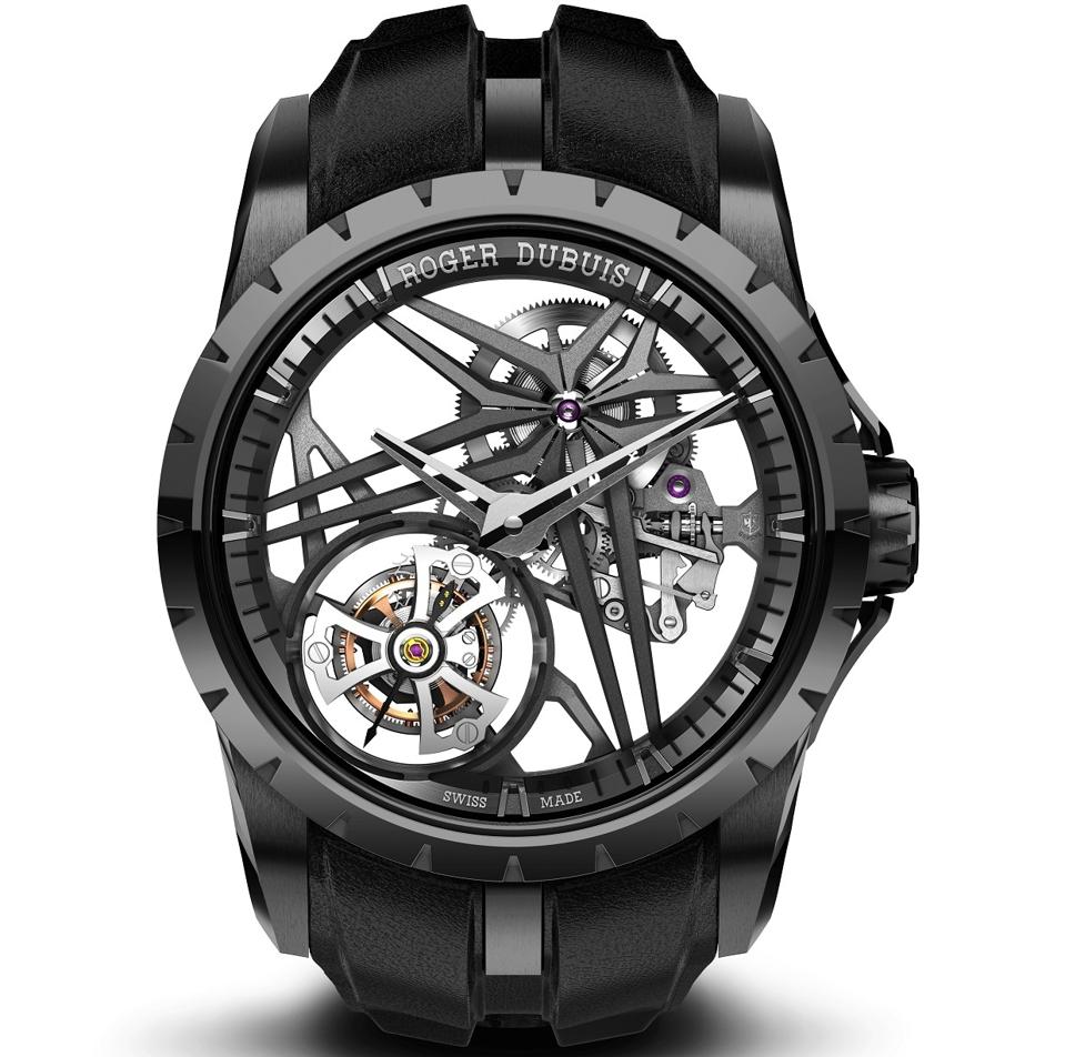 The Excalibur Original Flying Tourbillon gray DLC titanium case with a gray flange