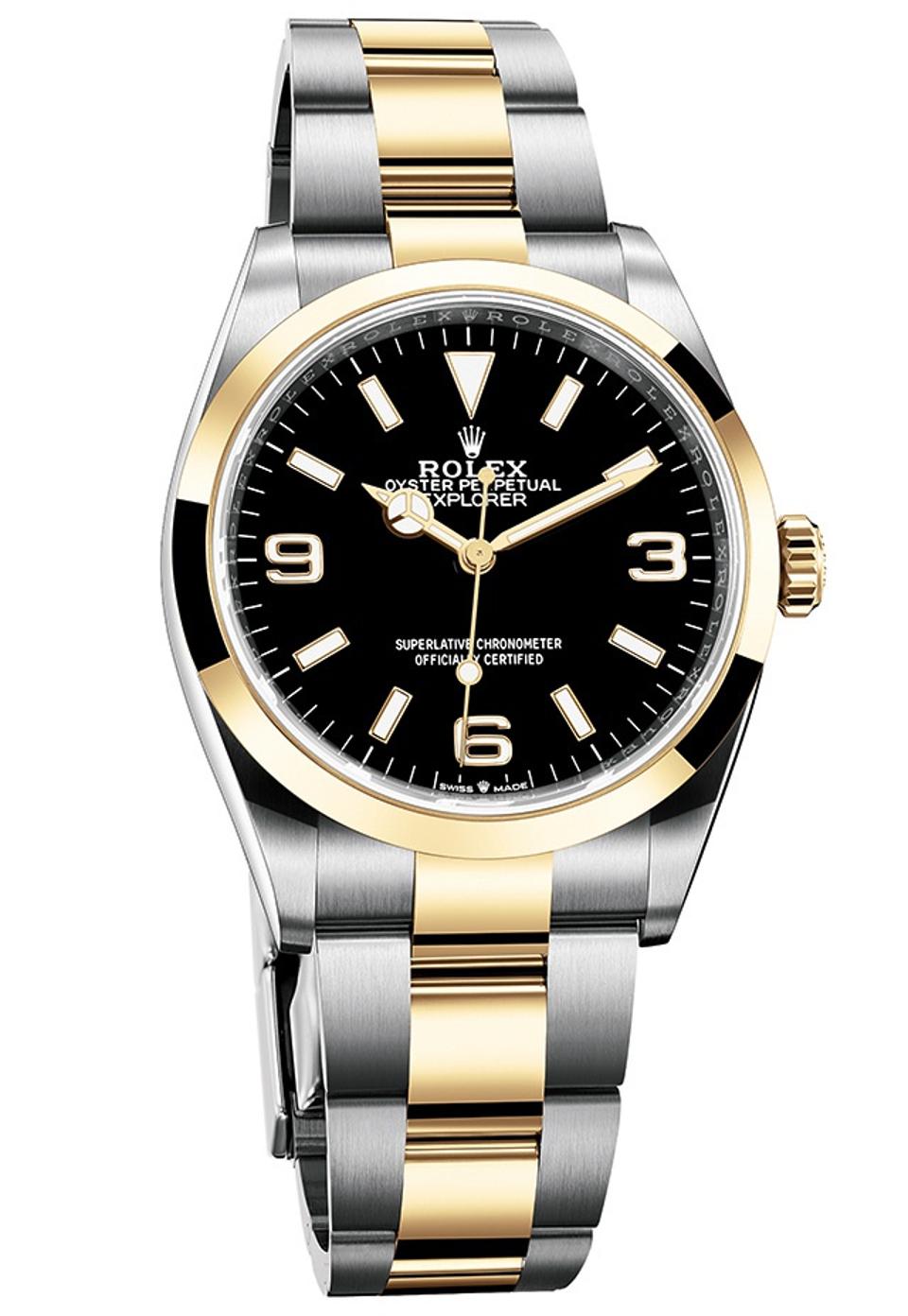 La Rolex Explorer bicolore en or jaune 18 carats et acier Oystersteel.