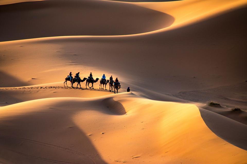 A,Caravan,Walking,Through,The,Golden,Sand,Dunes,Of,Erg