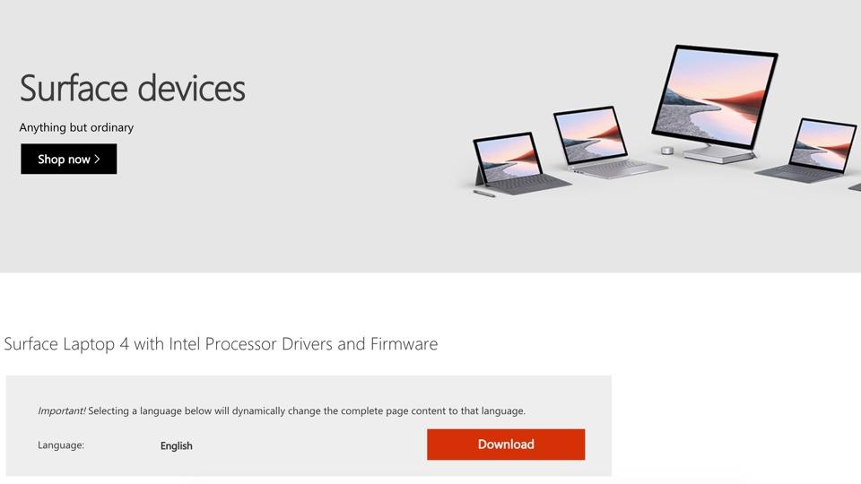 Página web de soporte de Microsoft para controladores Surface Laptop 4.