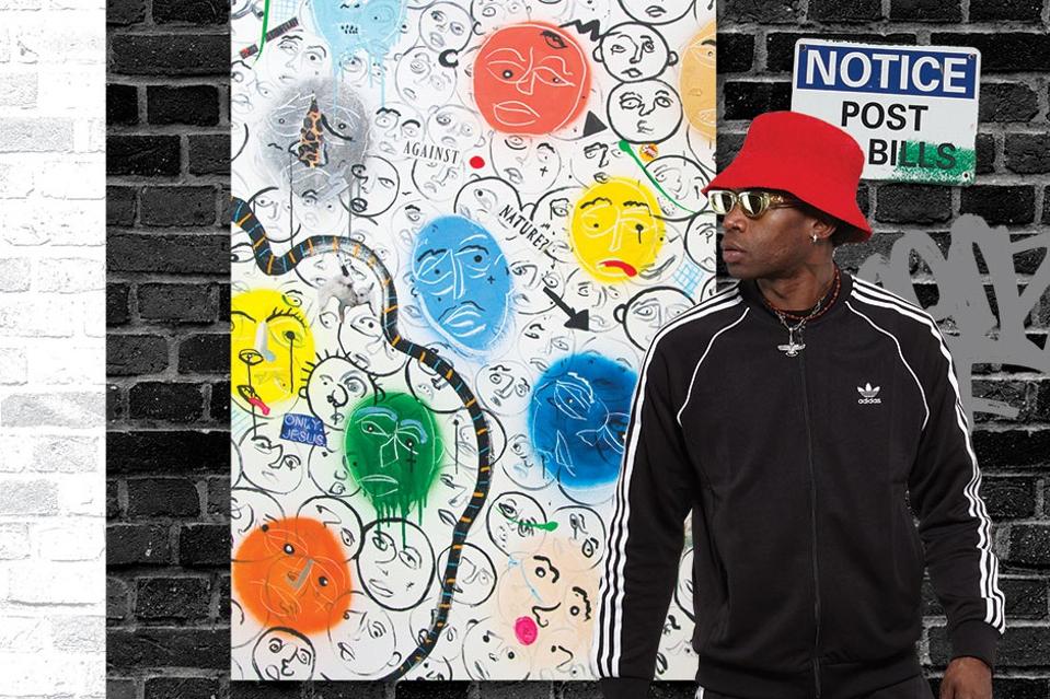 Local NYC artist, Cavier Coleman, in front of his painting, ″Picking Up the Pieces″