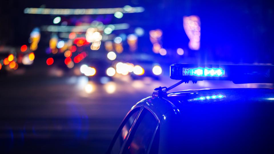 night police car lights in city - close-up with selective focus and bokeh