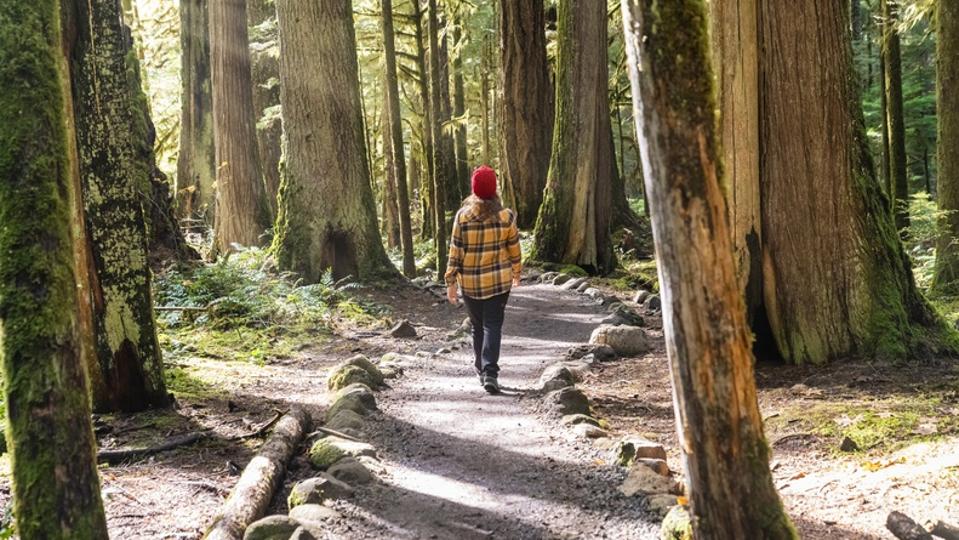 Woman walking on the trail to Tamolitch Falls - Blue Pools, Linn county, OR, US.