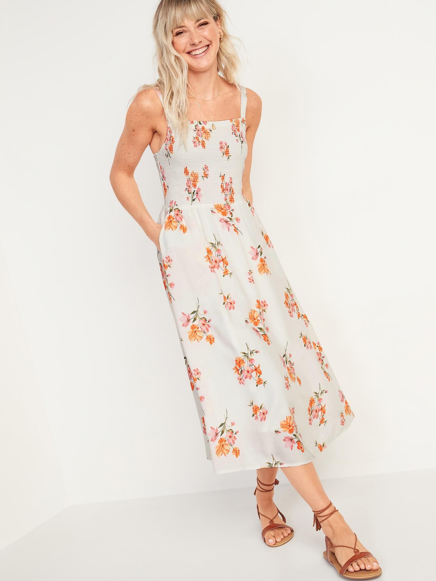 Old Navy Smocked Fit & Flare Cami Midi Dress for Women in White Floral