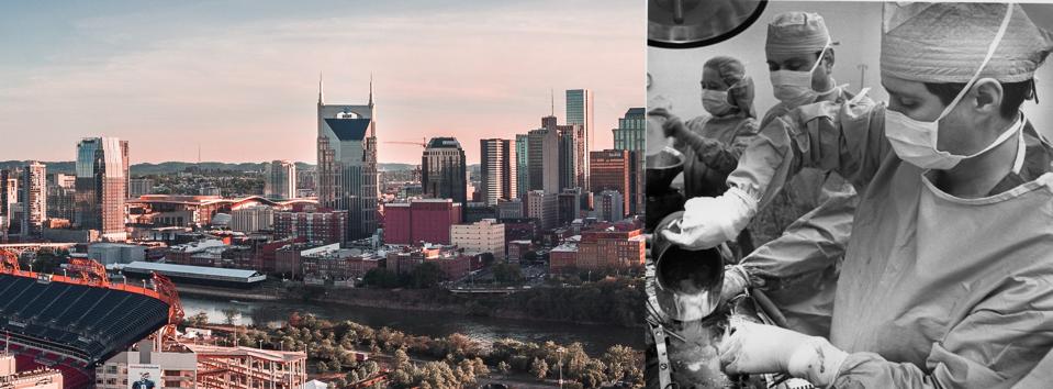 Downtown Nashville skyline; Dr. Bill Frist performing a heart transplant at Vanderbilt, now world’s largest program.