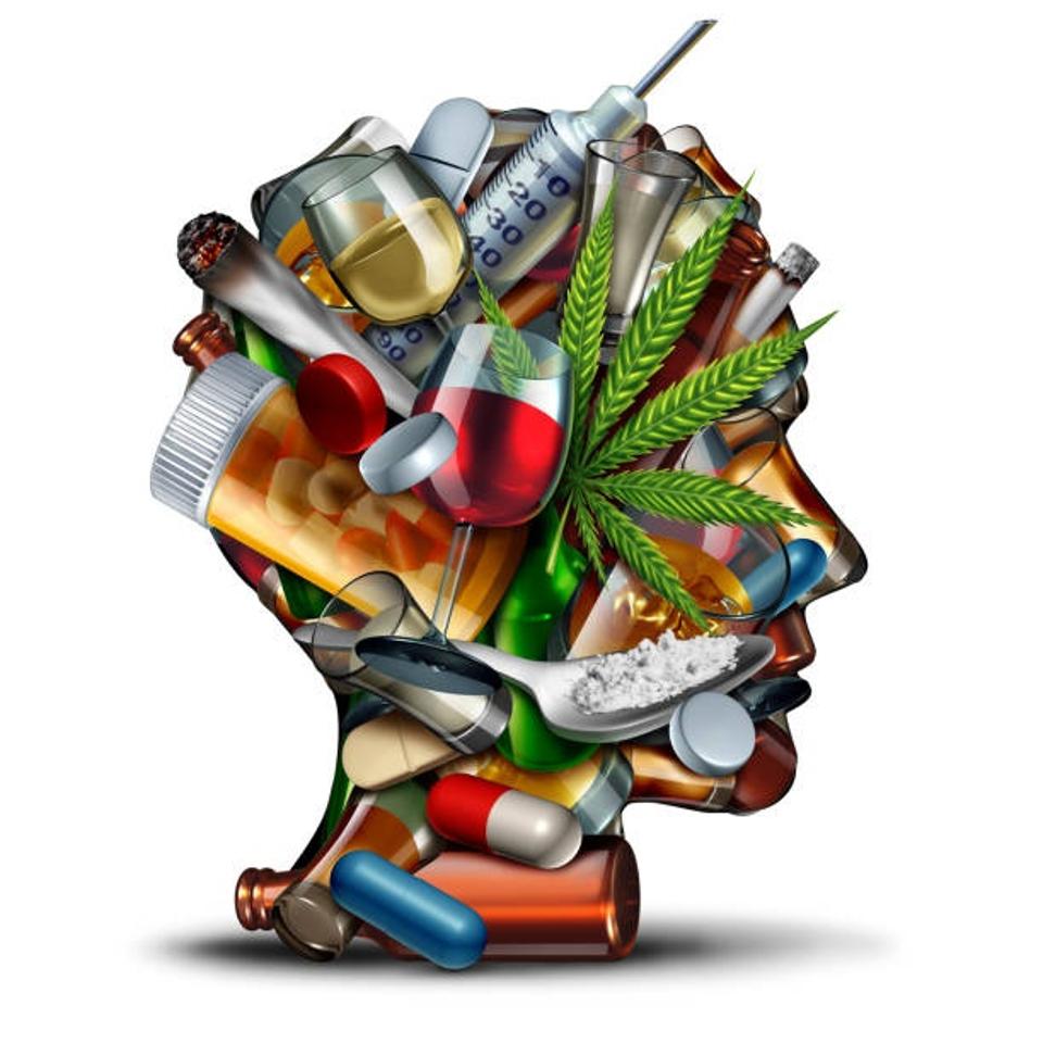 Concept of addiction and substance dependence with 3D illustration elements.