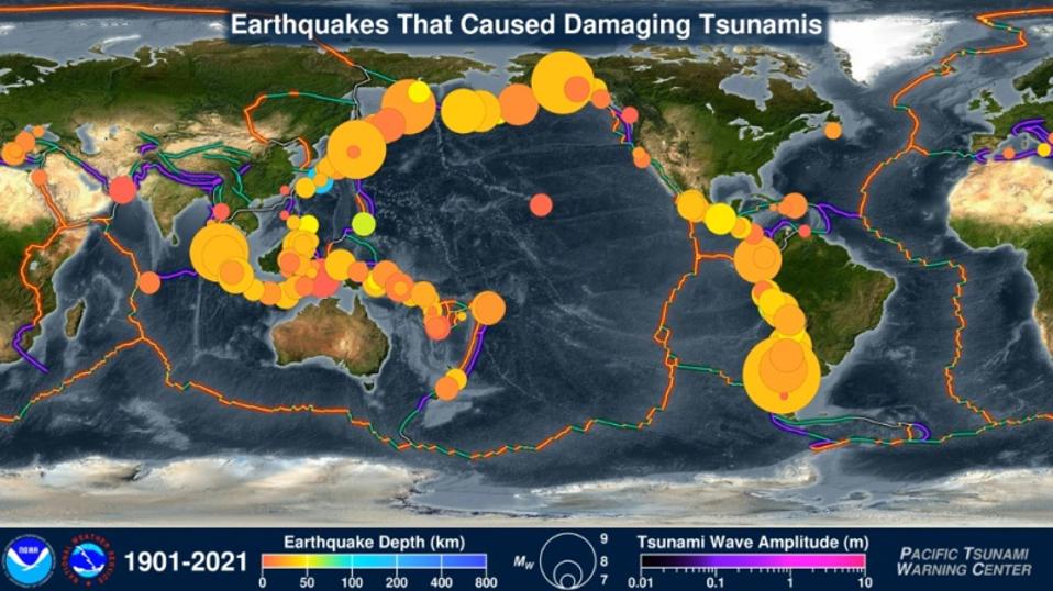 Tangkapan layar peta animasi yang menunjukkan 120 tahun gempa bumi dan tsunami.