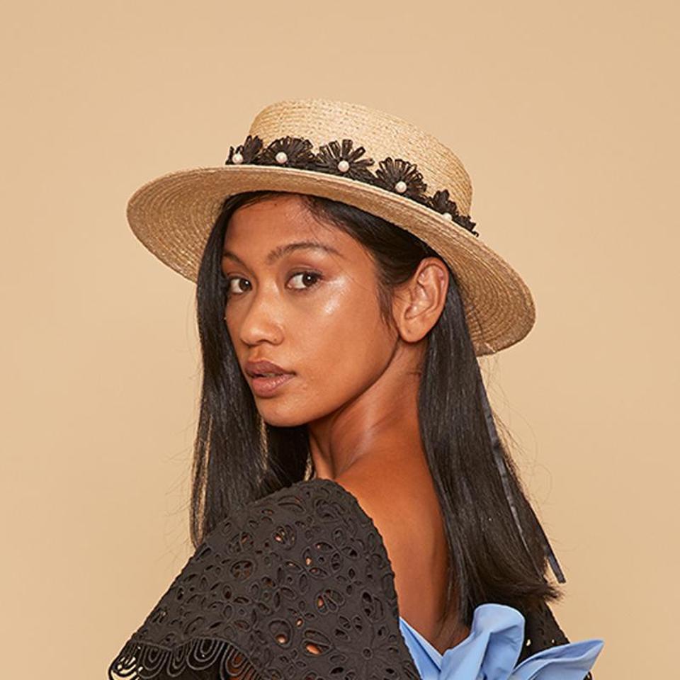 Bridgette boater hat with flora and pearl trim by EUGENIA KIM