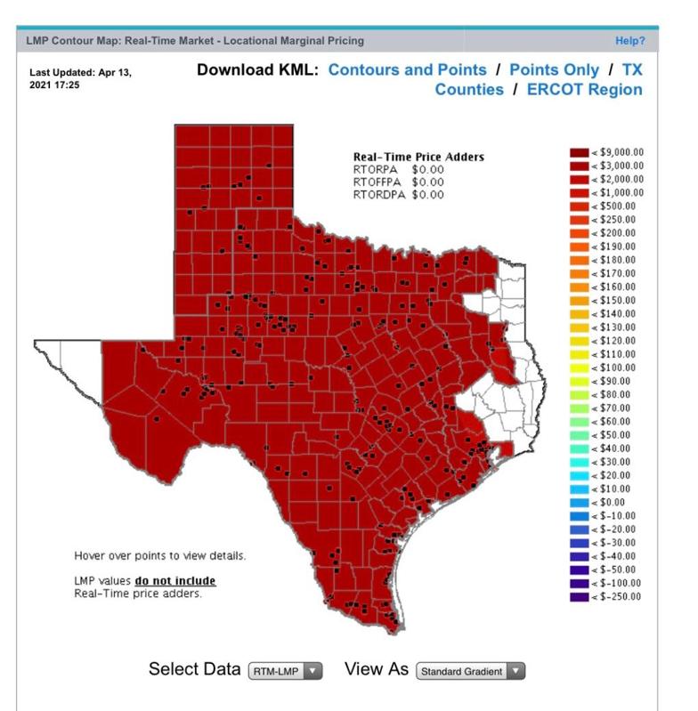 Price map showing ERCOT prices at $2,000 per megawatt hour