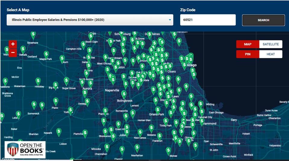 Every six figure Illinois public employee mapped by Zip Code (2020).