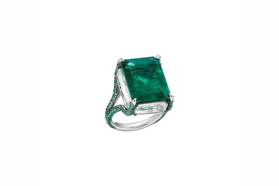 Boghossian ring in 18K white gold with approximately 2 carats emerald and four beryls, price on request, boghossianjewels.com
