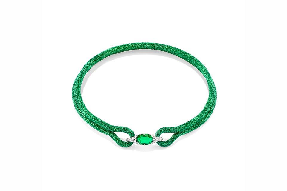 Fabio Salini Metamorfosi necklace in 18K white gold and shagreen with 3.62 carats emerald and .74 carats diamond, price on request, fabiosalini.co.uk