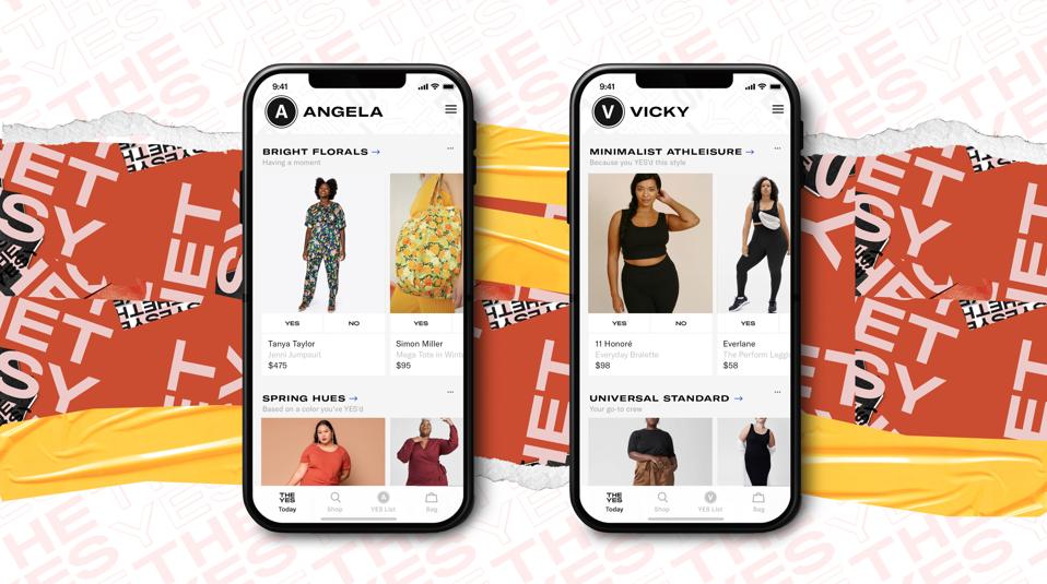 Two phones side by side showing images of women modeling clothes for a shopping app