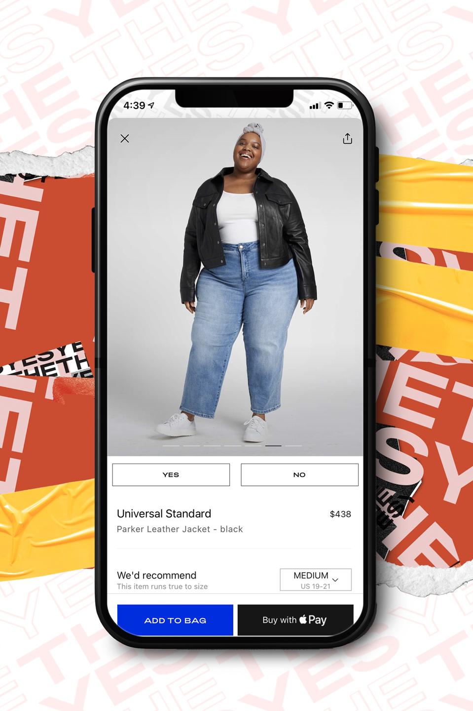 Phone with woman wearing jeans and jean jacket on a shopping app