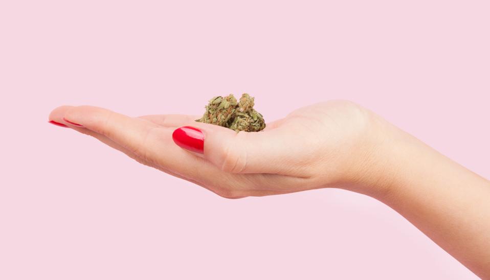 Woman holding cannabis bud.