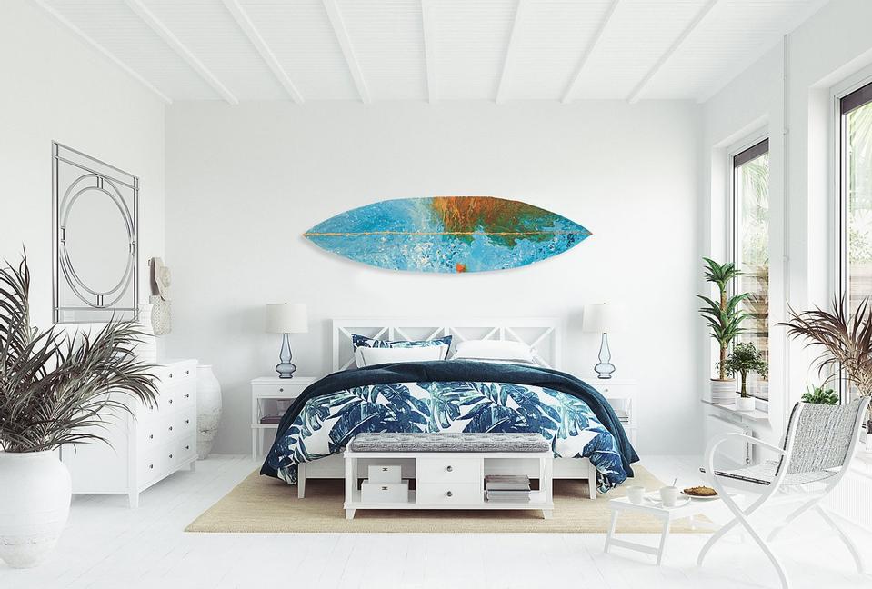 Bedroom with surfboard