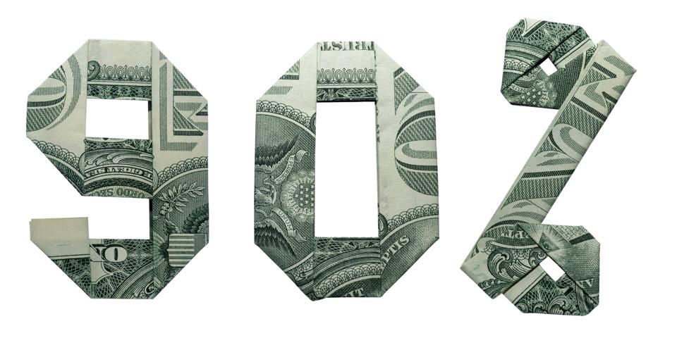 90 Percents Sale Sign Collage Money Origami Folded with 3 Real One Dollar Bills Isolated on White Background
