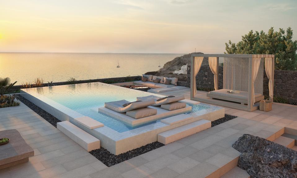 The suites at Canaves Oia Epitome in Santorini, Greece, have private pools above the sea