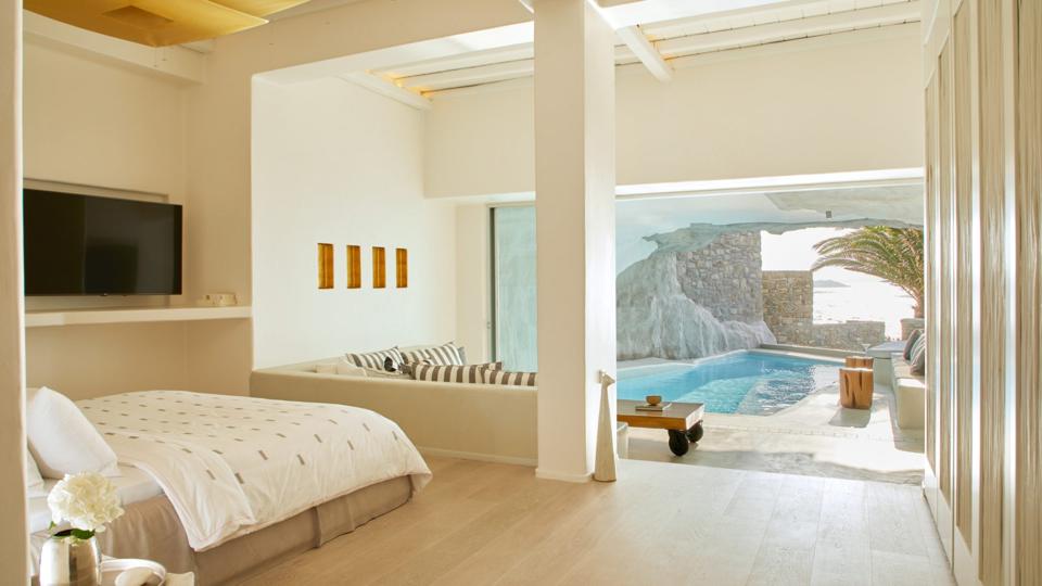 The rooms at Cavo Tagoo hotel on Mykonos, Greece, have pools or hot tubs