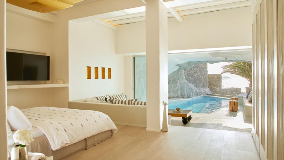 The rooms at Cavo Tagoo hotel on Mykonos, Greece, have pools or hot tubs 