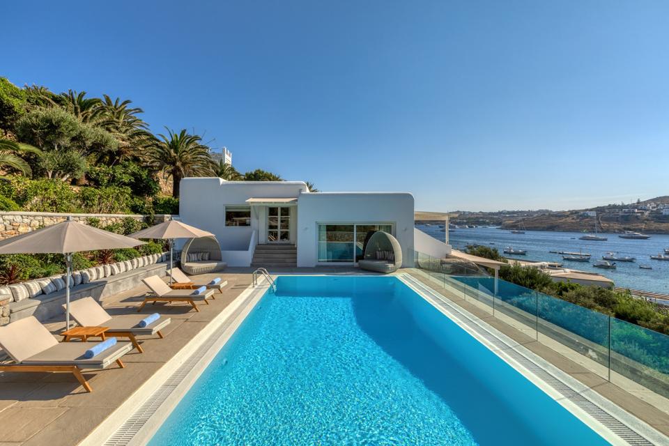 The pool is long and inviting at Santa Marina hotel on Mykonos, Greece