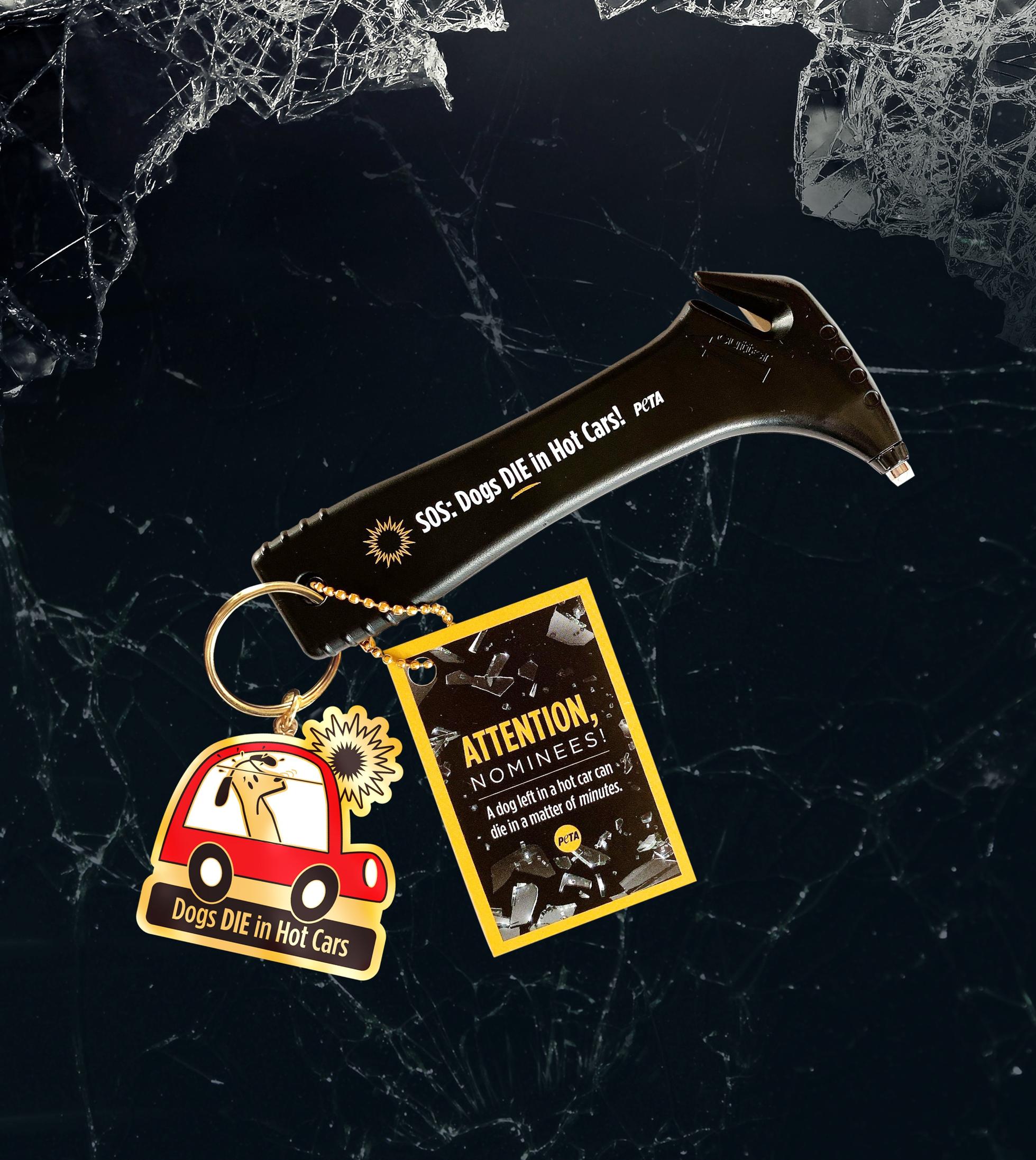 The swag bag includes a hammer for freeing dogs trapped in a hot car